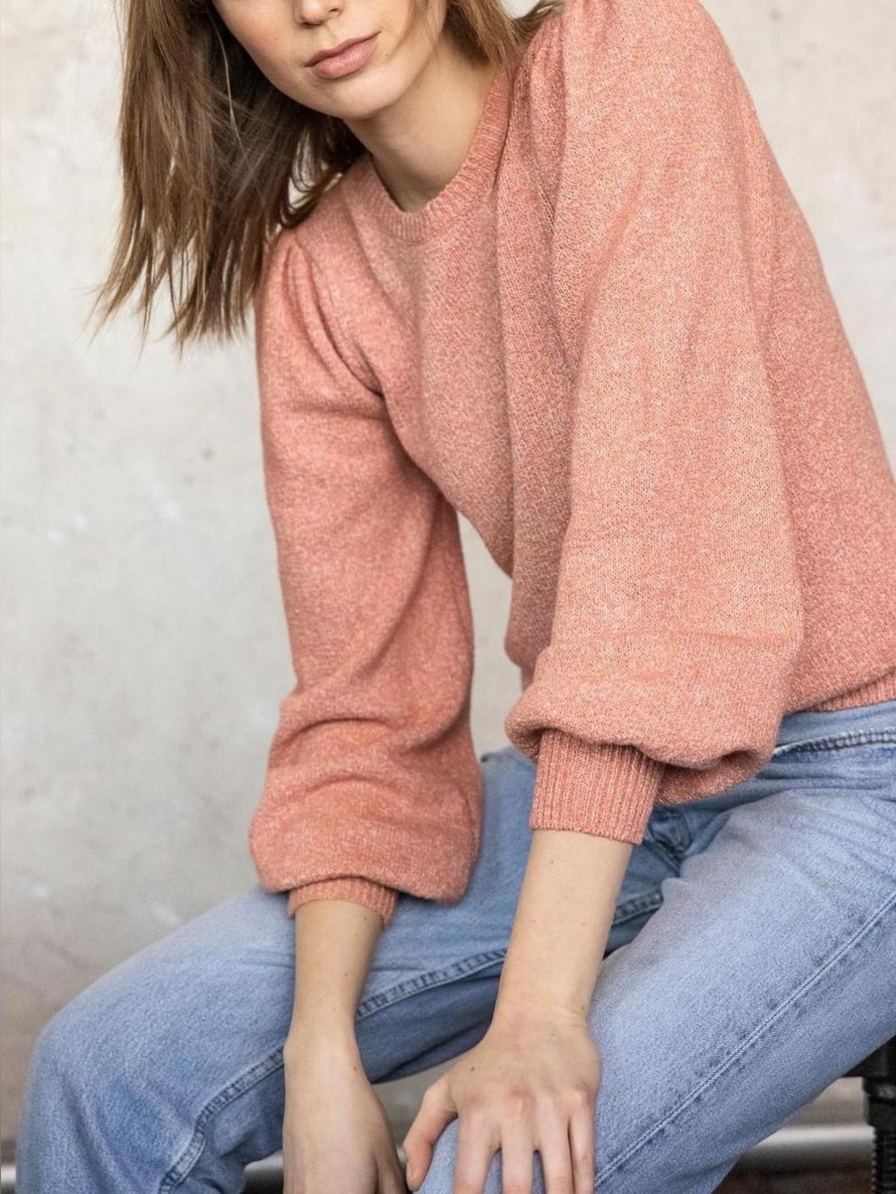 Lilla P Cotton Cashmere Puff Sleeve Crewneck Sweater Coral Pink XL